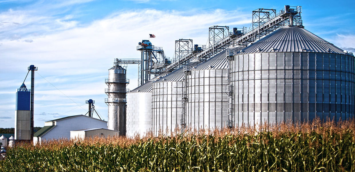 Farm with silos.