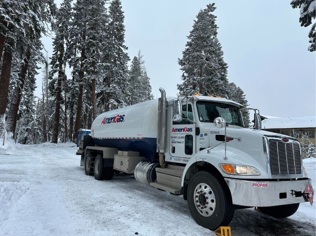 AmeriGas bobtail delivering in the snow near Mammoth Lakes